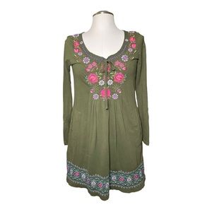 Johnny Was LA Embroidered Olive Embroidered Long Sleeve Dress